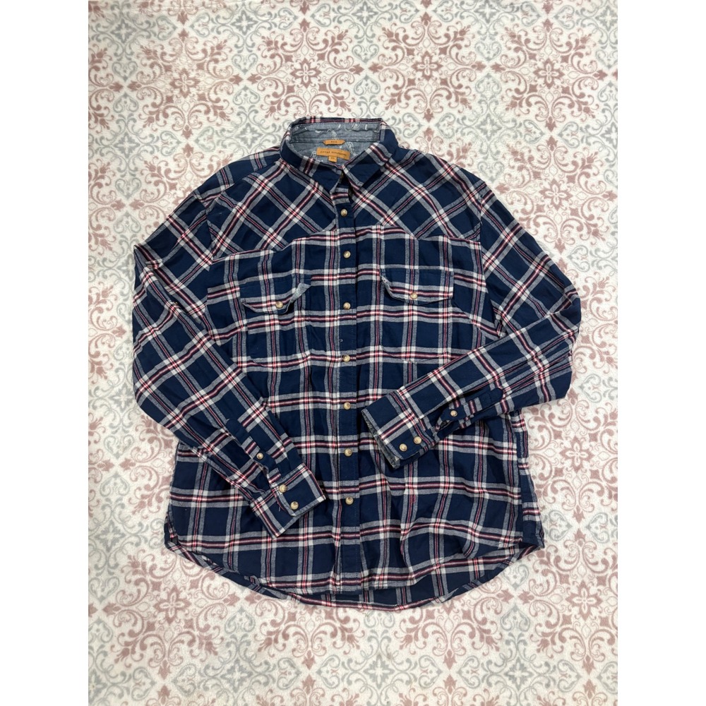 Jachs Girlfriend Bea Navy Blue Plaid Cotton Flannel Button Down Shirt XL